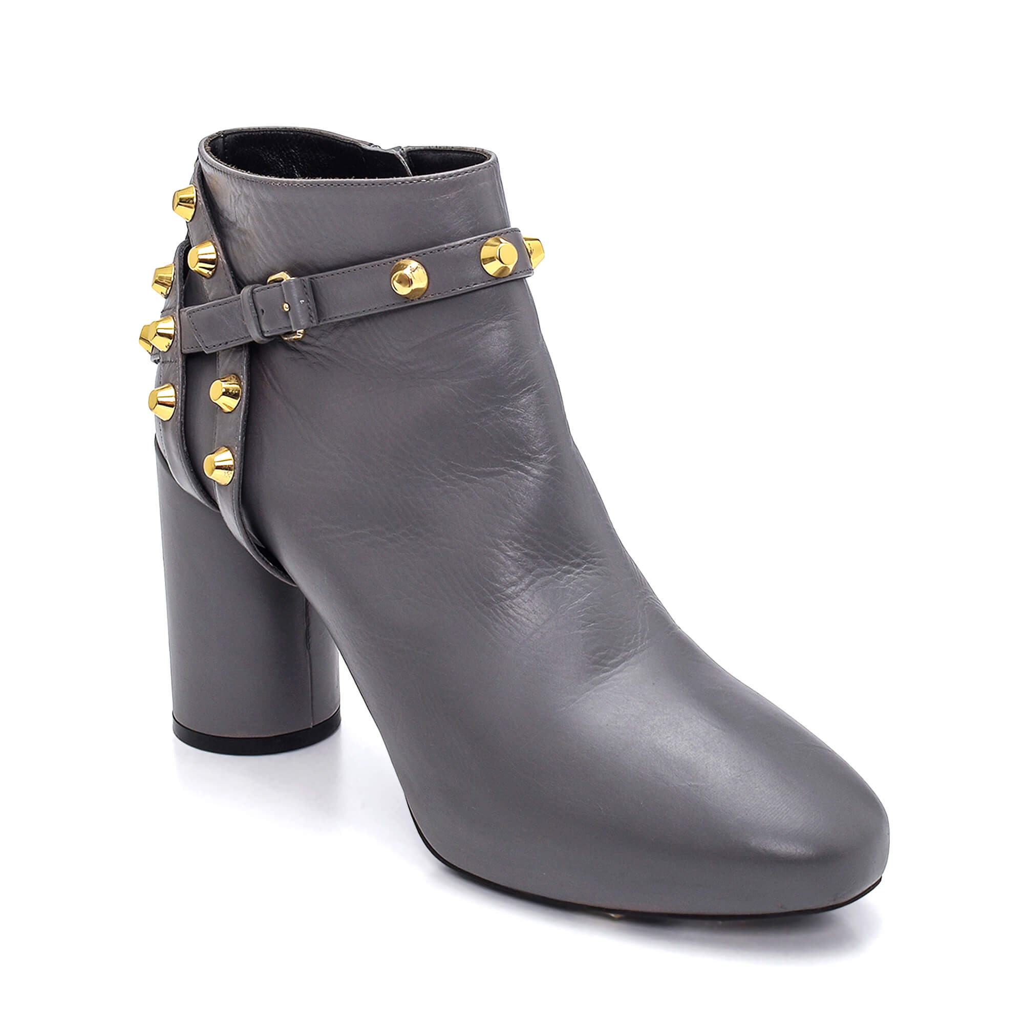 Balenciaga - Grey Leather Studded Strap Valencia Ankle Boots